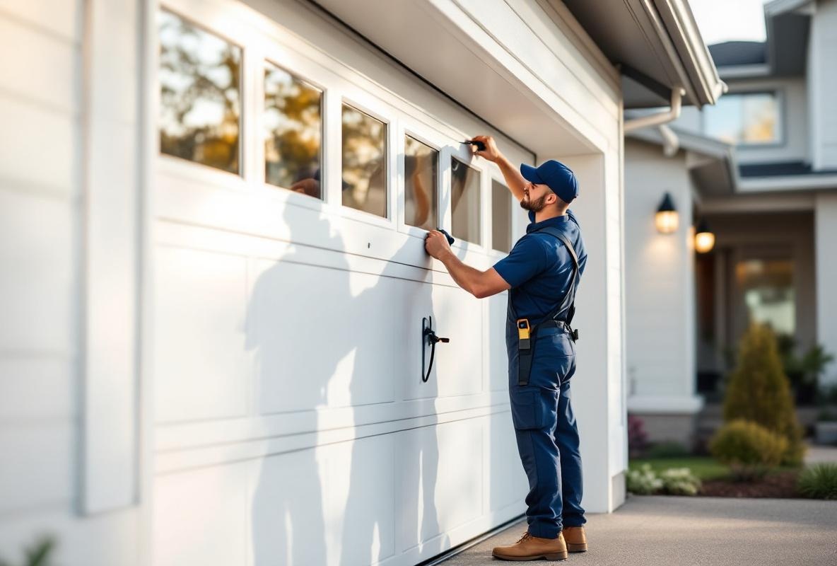 Professional garage door technician servicing residential door