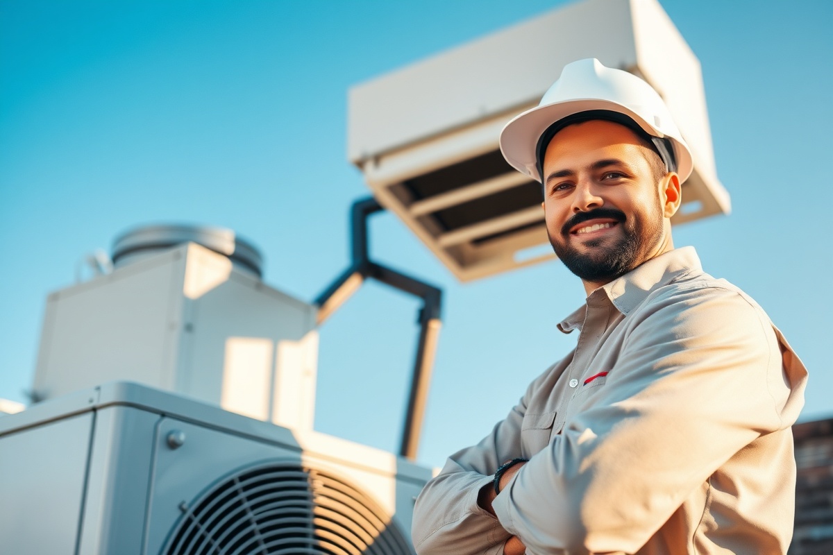 Professional HVAC technician inspecting air conditioning unit
