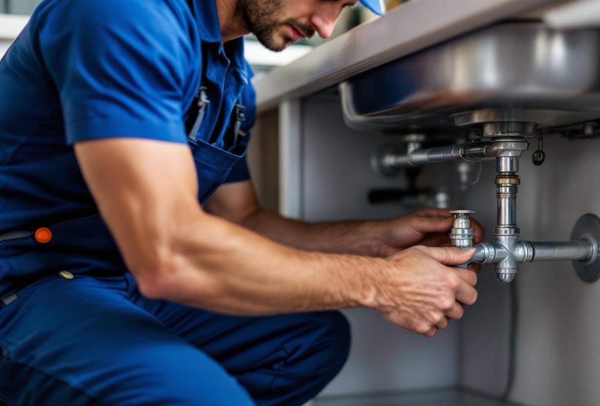 Professional plumber working under kitchen sink