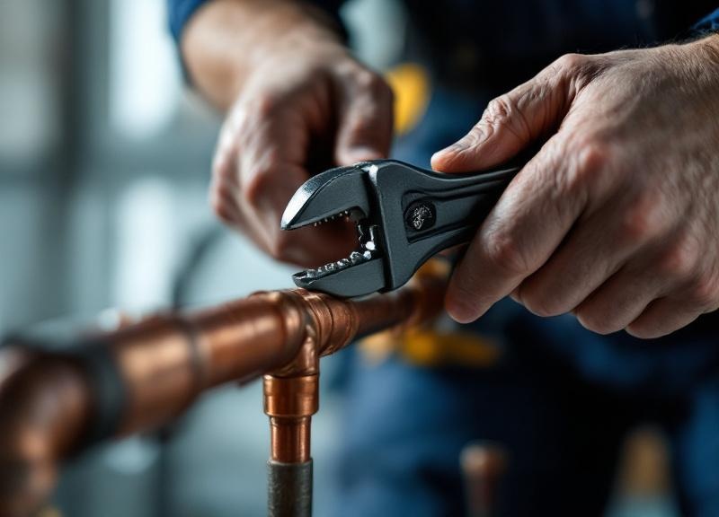 Professional plumber hands working on copper pipes