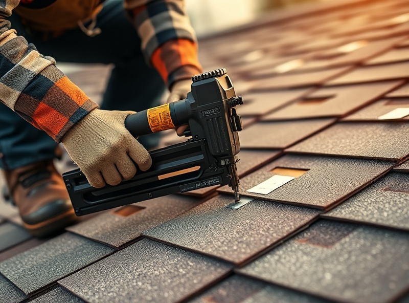 Roofer hands working with shingles and nail gun